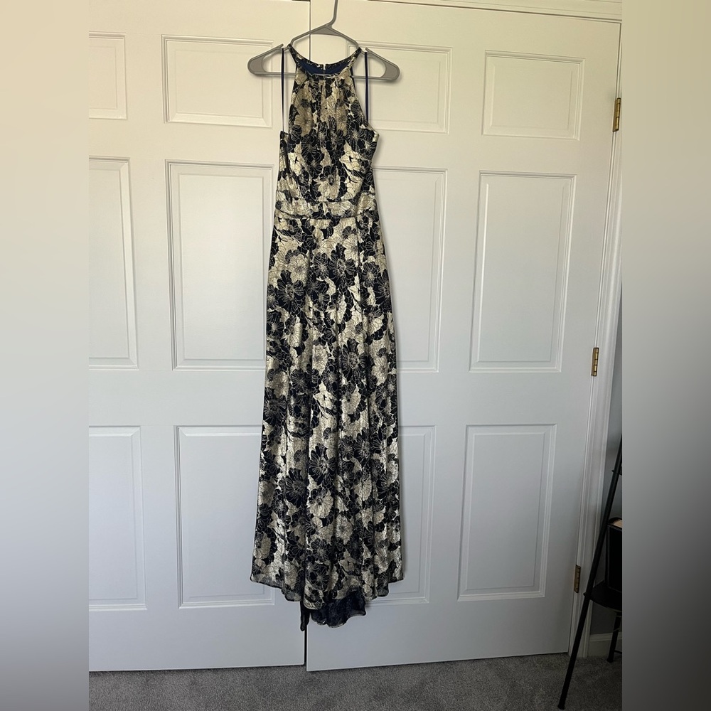 Betsy&Adam "Layla" Long Halter Top Wrap Foil Print Dress / Gown Blue Gold Sz 10
